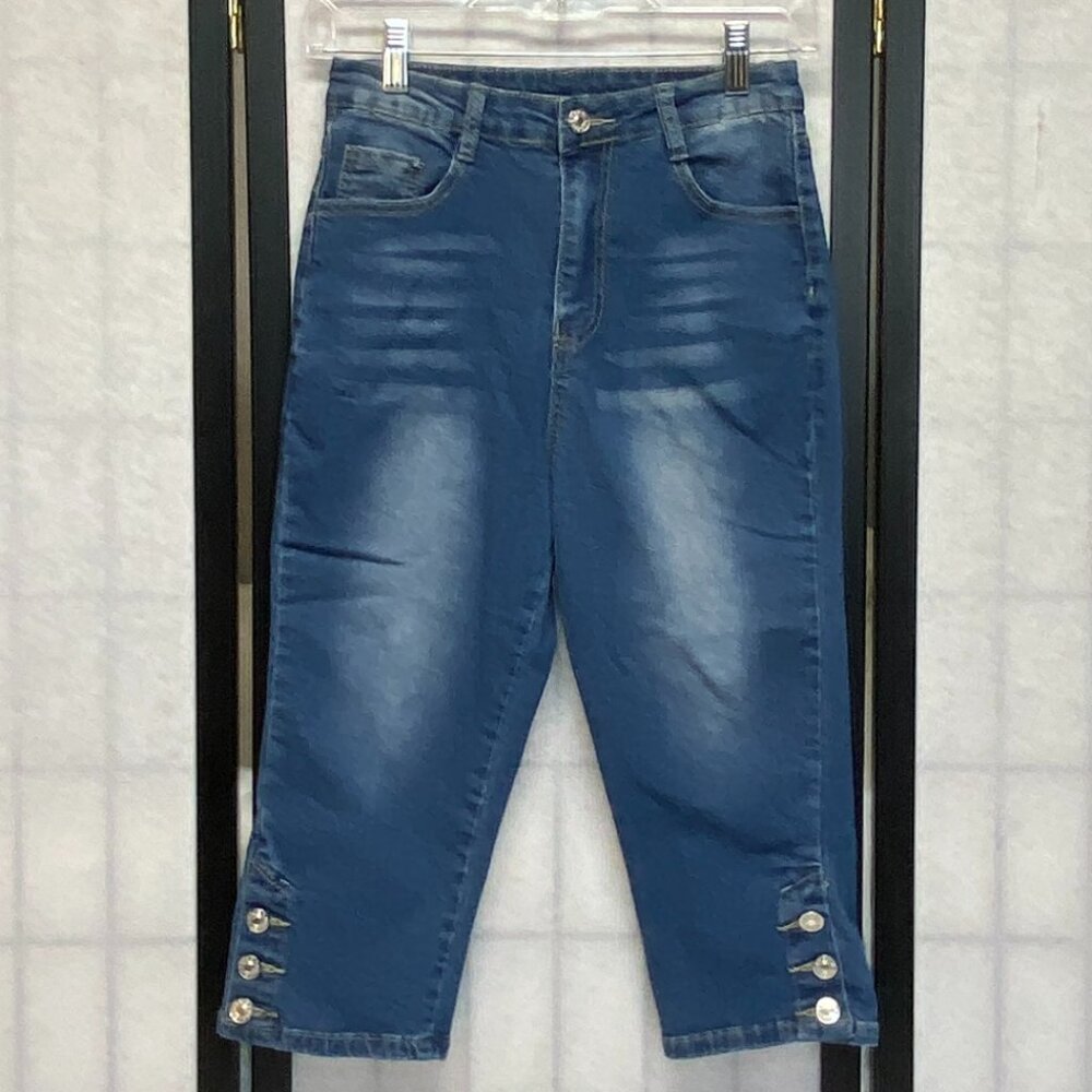 Mid Rise 3 Button Calf Faded Capri Denim Jeans Medium Wash S Unknown Brand